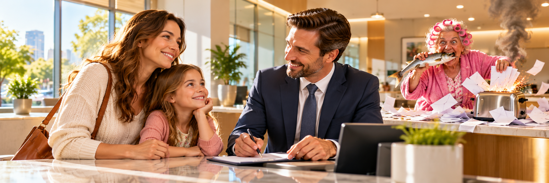A family meets a bank adviser while a woman bites a fish beside a smoking toaster filled with papers.