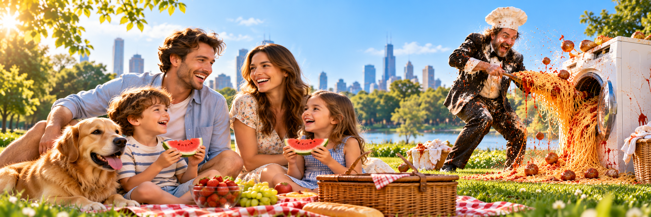 A family picnics while a chef serves spaghetti from a washing machine.
