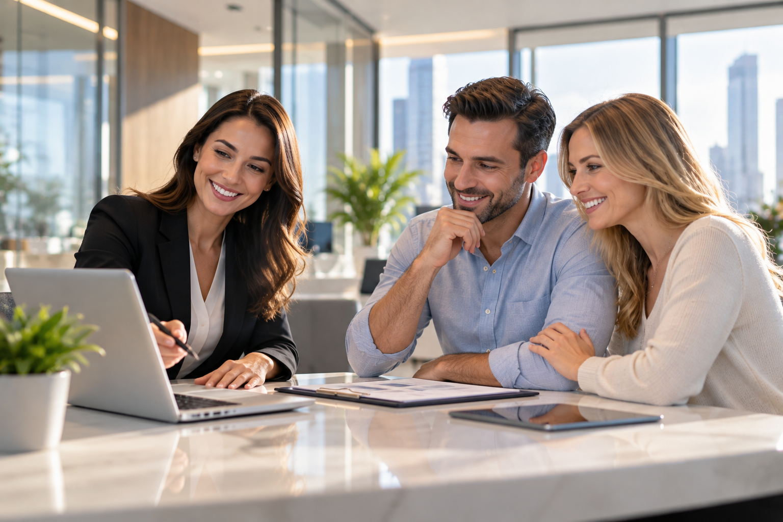 A customer and adviser in a friendly financial consultation.