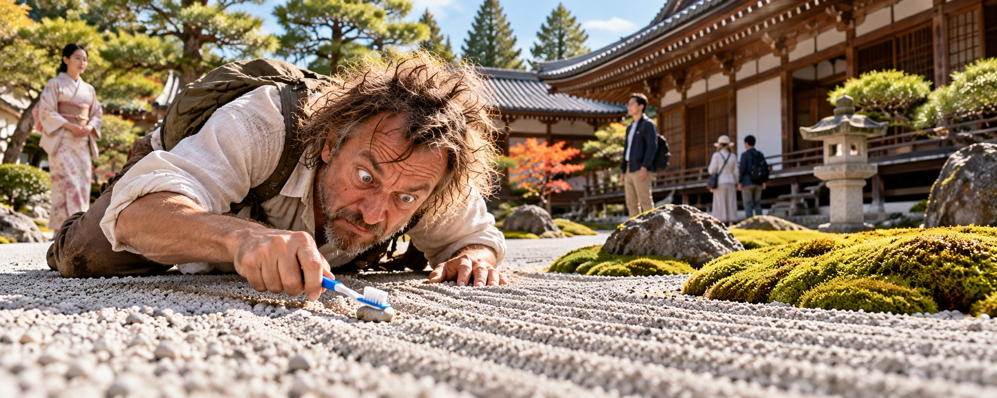 A man brushes gravel with a toothbrush in a Japanese garden.
